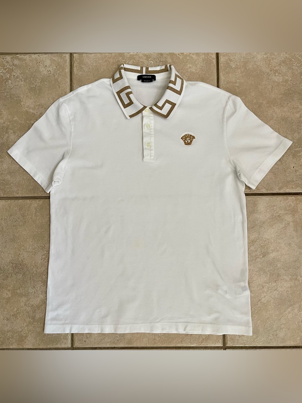 Versace Embroidered Cotton Piqué Polo w/Metallic Gold Greca Collar & Medusa Logo